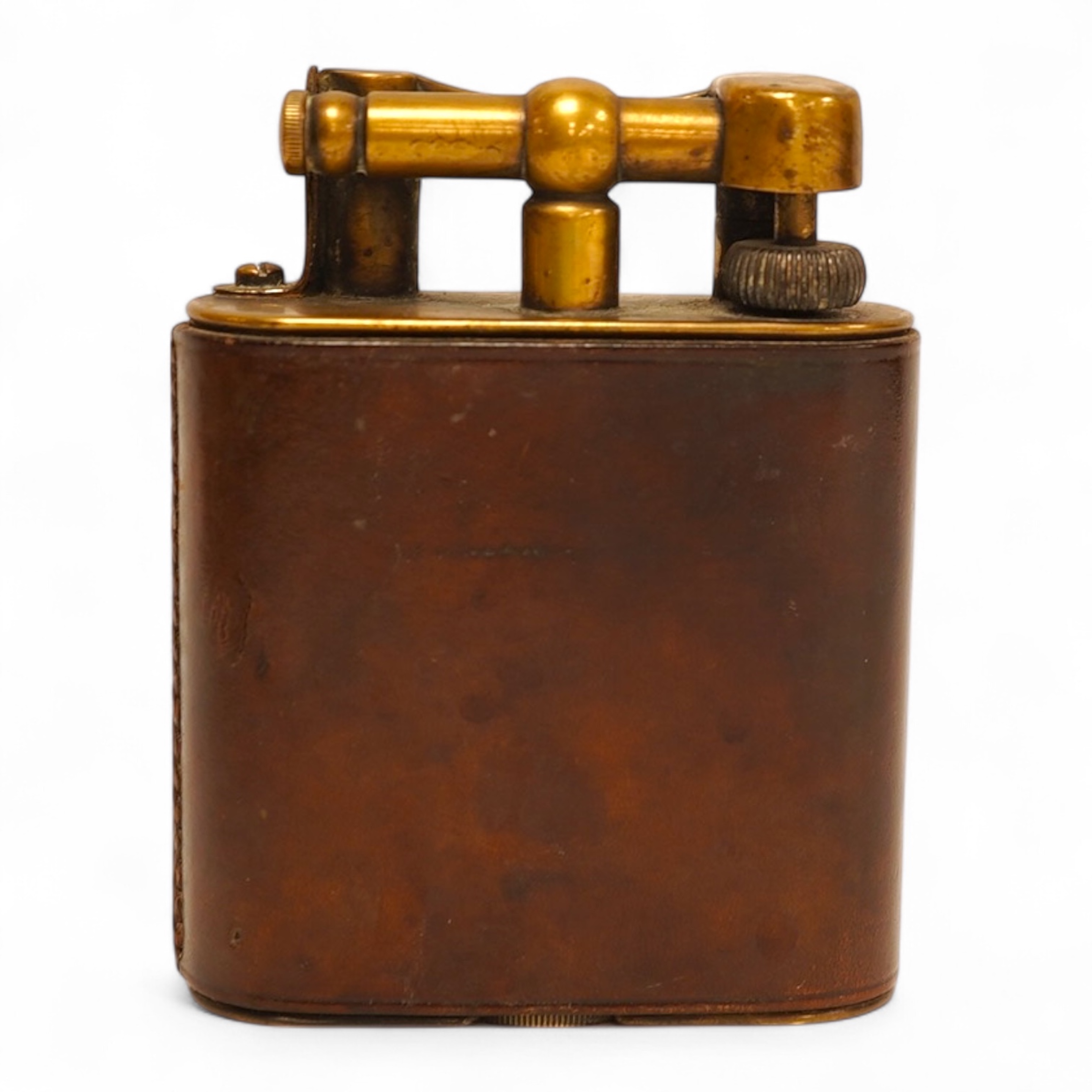 A Dunhill giant table lighter with brown leather outer cover, 11cm